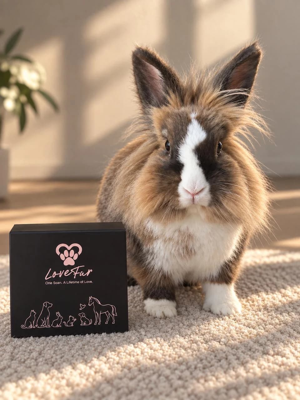 Rabbit beside a LoveFur presentation box