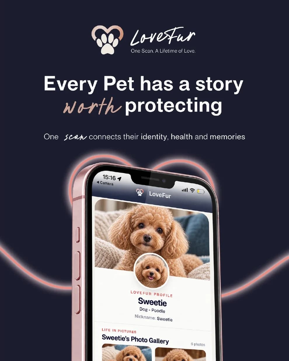 LoveFur digital pet profile displayed on a phone